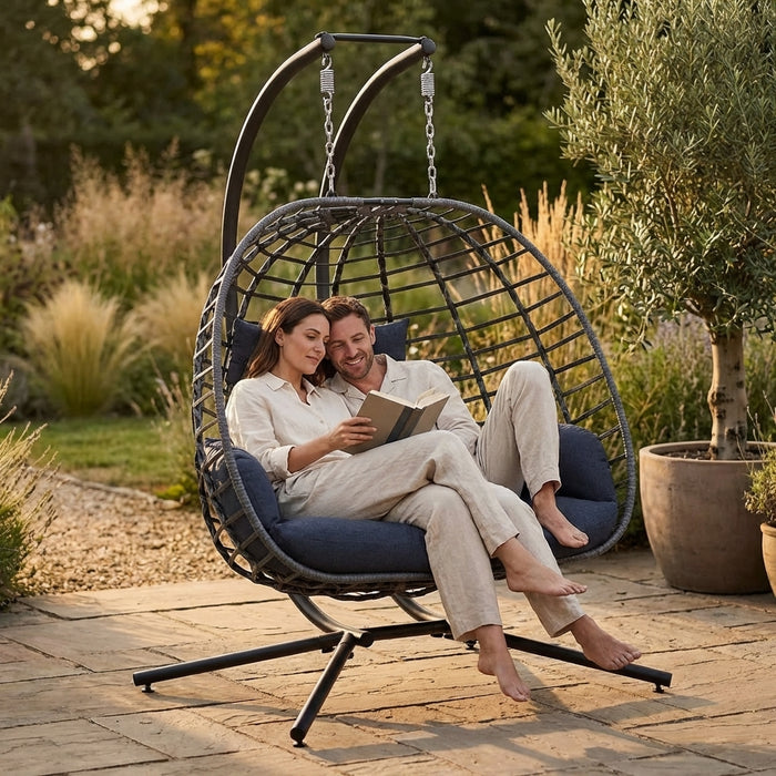 Double Egg Swing Chair with Stand, 2-Person Wicker Hanging Chair for Patio, Indo — variant 7