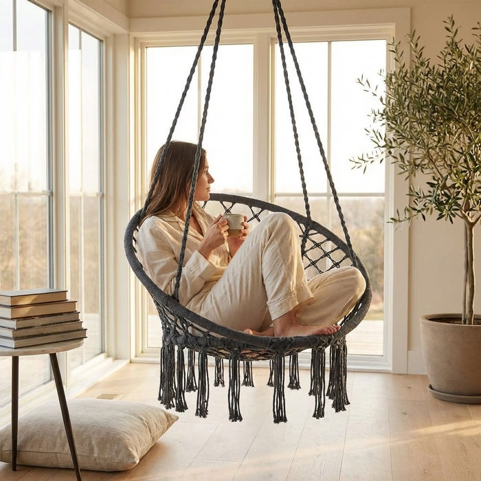 Handmade Knitted Macrame Hammock Chair, Hanging Swing Chair with Hardware Kit, I — variant 7