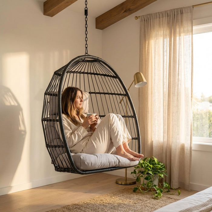 Patio Wicker Hanging Egg Chair with Stand, Outdoor Rattan Swing Chair, Steel Fra — variant 8