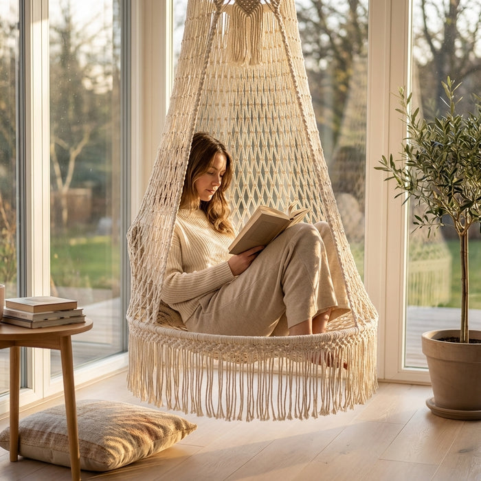 Bohemian Macrame Hanging Chair, Handwoven Tassel Swing Chair for Bedroom, Readin — variant 8