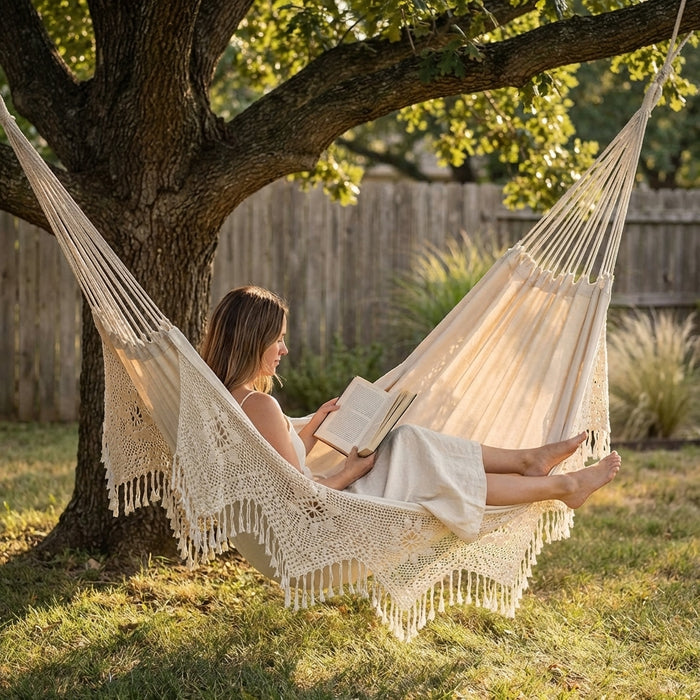 Brazilian Macrame Hammock, Large Bohemian Tassel Hammock Swing, Indoor Outdoor H — variant 8