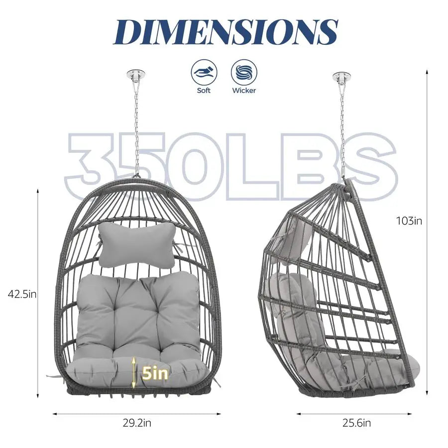 Hanging Wicker Egg Chair, Ceiling-Mount Rattan Swing Chair for Patio, Bedroom, Sunroom, Foldable, 350 lb Capacity